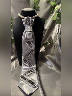Women Silver Embellished Satin Neck Tie Dress Accent